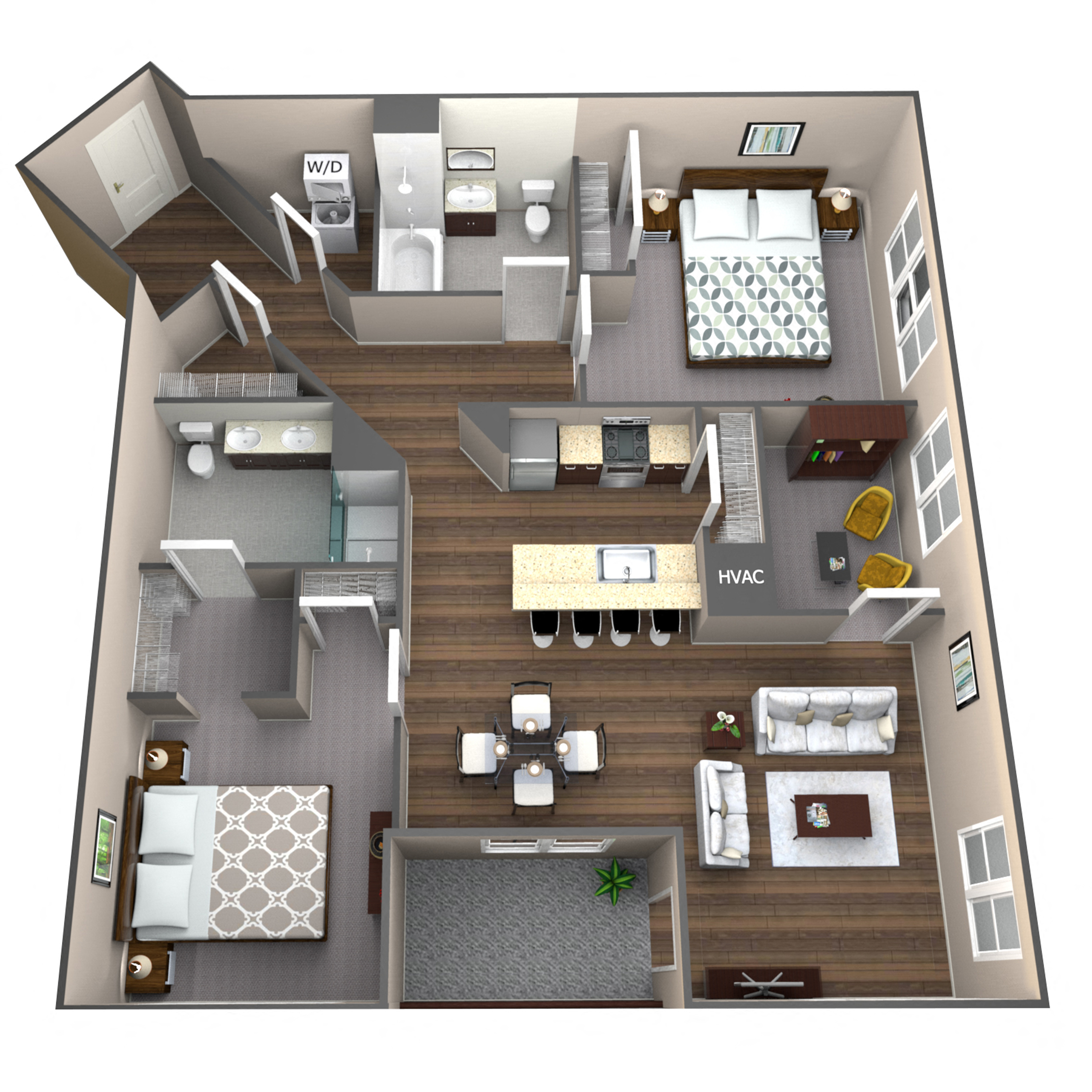 Floor plan for 2 beds, 2 baths, 1309 sqft